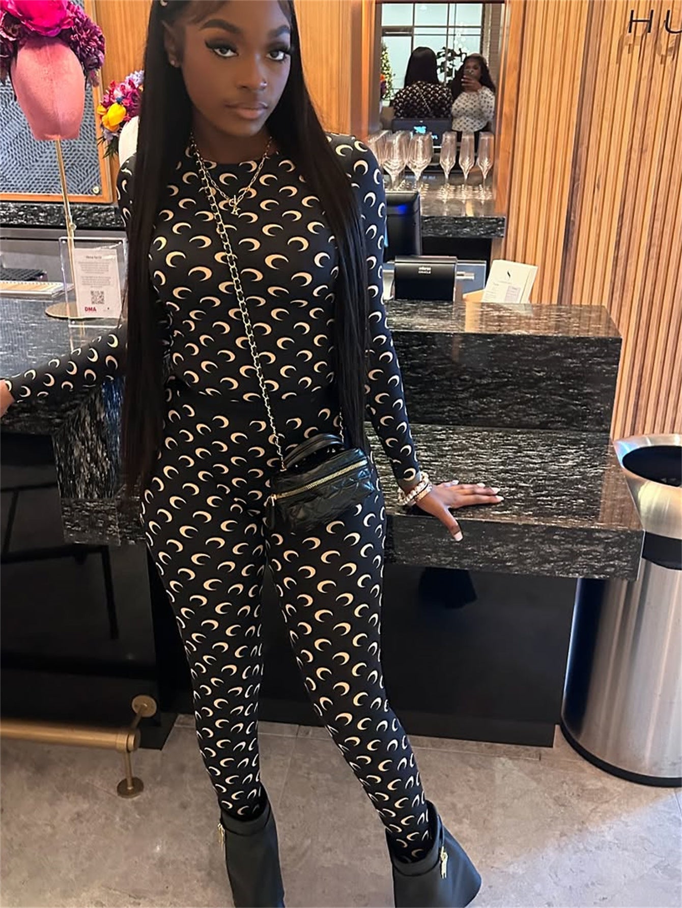 Fashion Printed Tight slim Long Sleeve Two Piece Pants Set 9