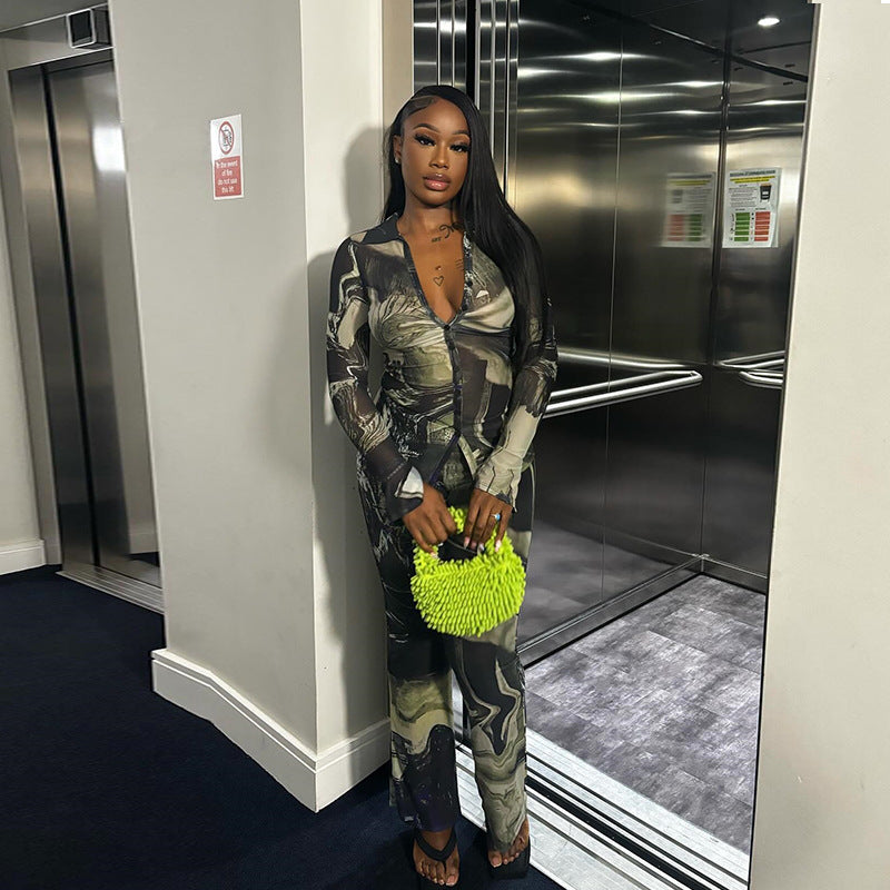 Women's Fashion Print Turndown Collar Button-Up Top Trousers Trendy Two-Piece Set 4