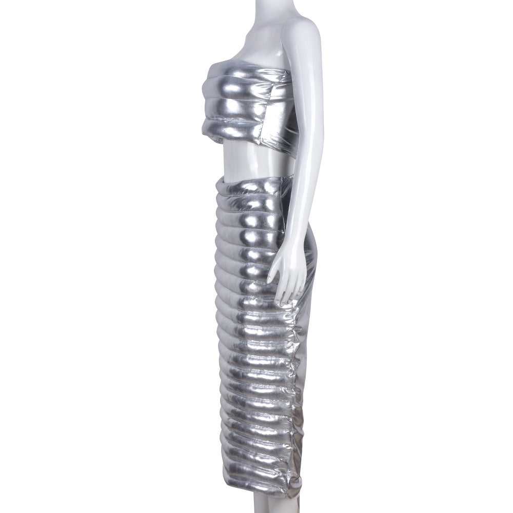 Winter Women's Sexy Cotton-Padded Crop Strapless Top Slim Long Skirt Two Piece Set 7