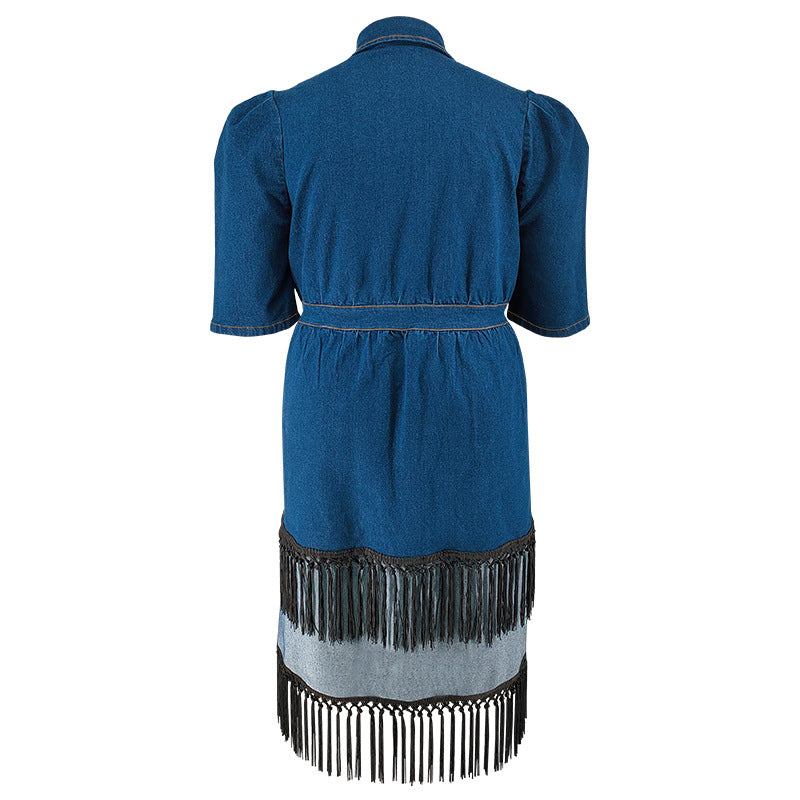 Plus Size Women Denim Turndown Collar Short Sleeve Tassel Dress 6