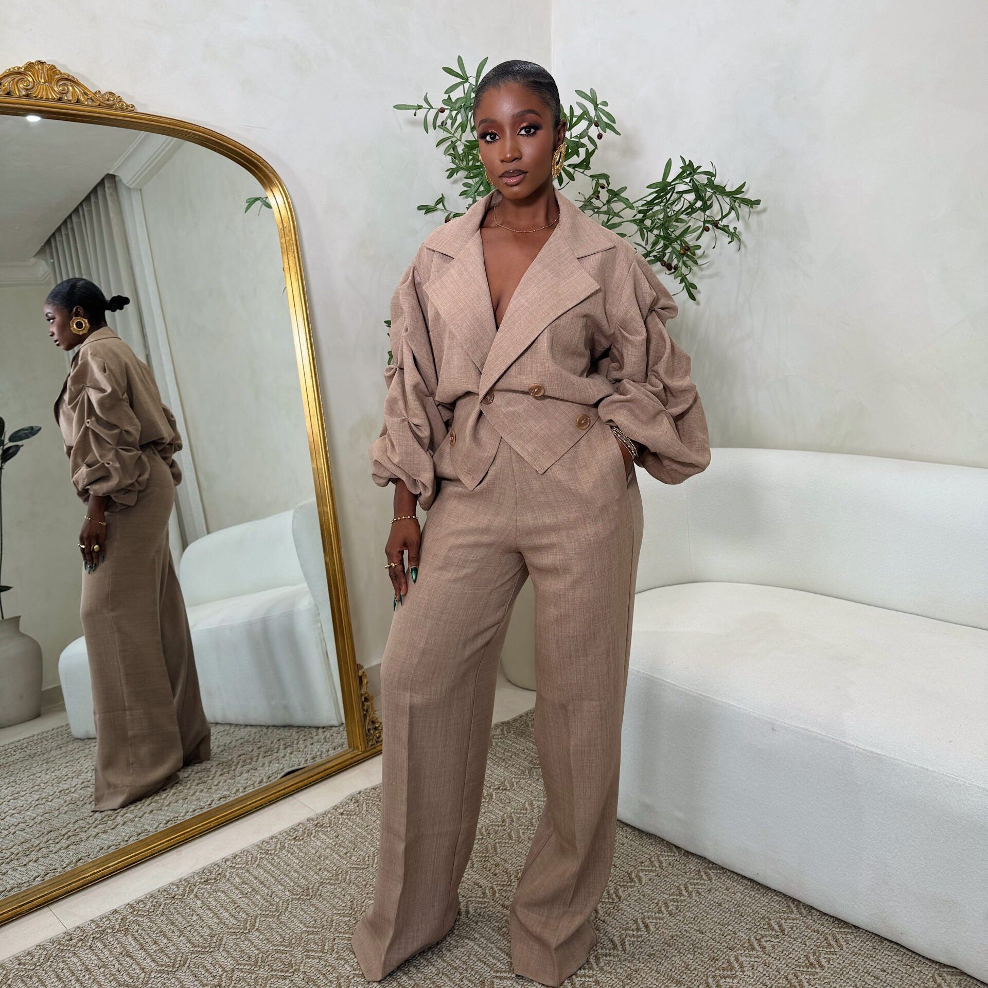 Career Casual Turndown Collar Pleated Sleeve Wide-Leg Pants Set