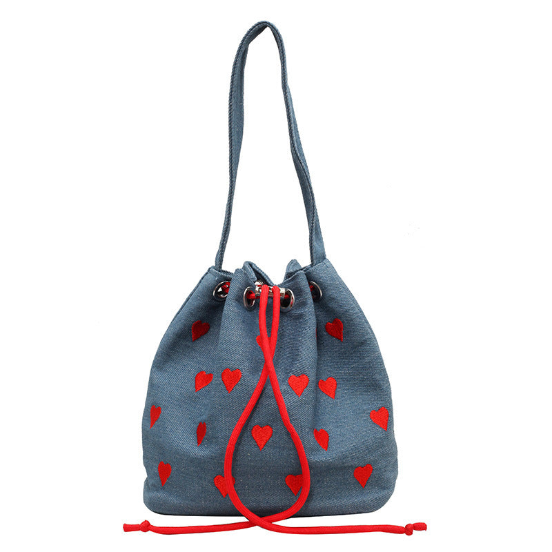 Women embroidery Heart Print drawstring pink handbag single shoulder crossbody bucket bag 3