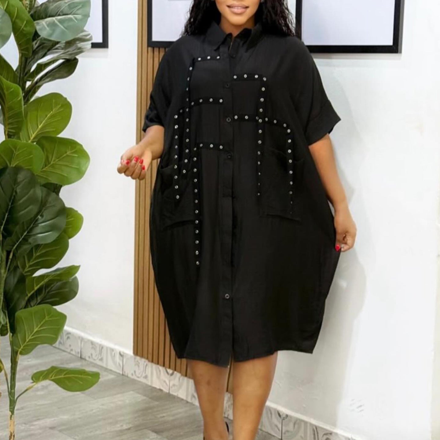 Women Short Sleeve Turndown Collar Shirt Dress 7