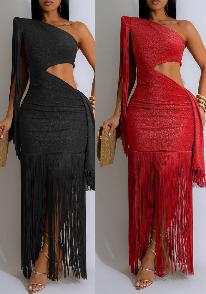 Women Silky Shiny Tassel Off-Shoulder Sexy Dress