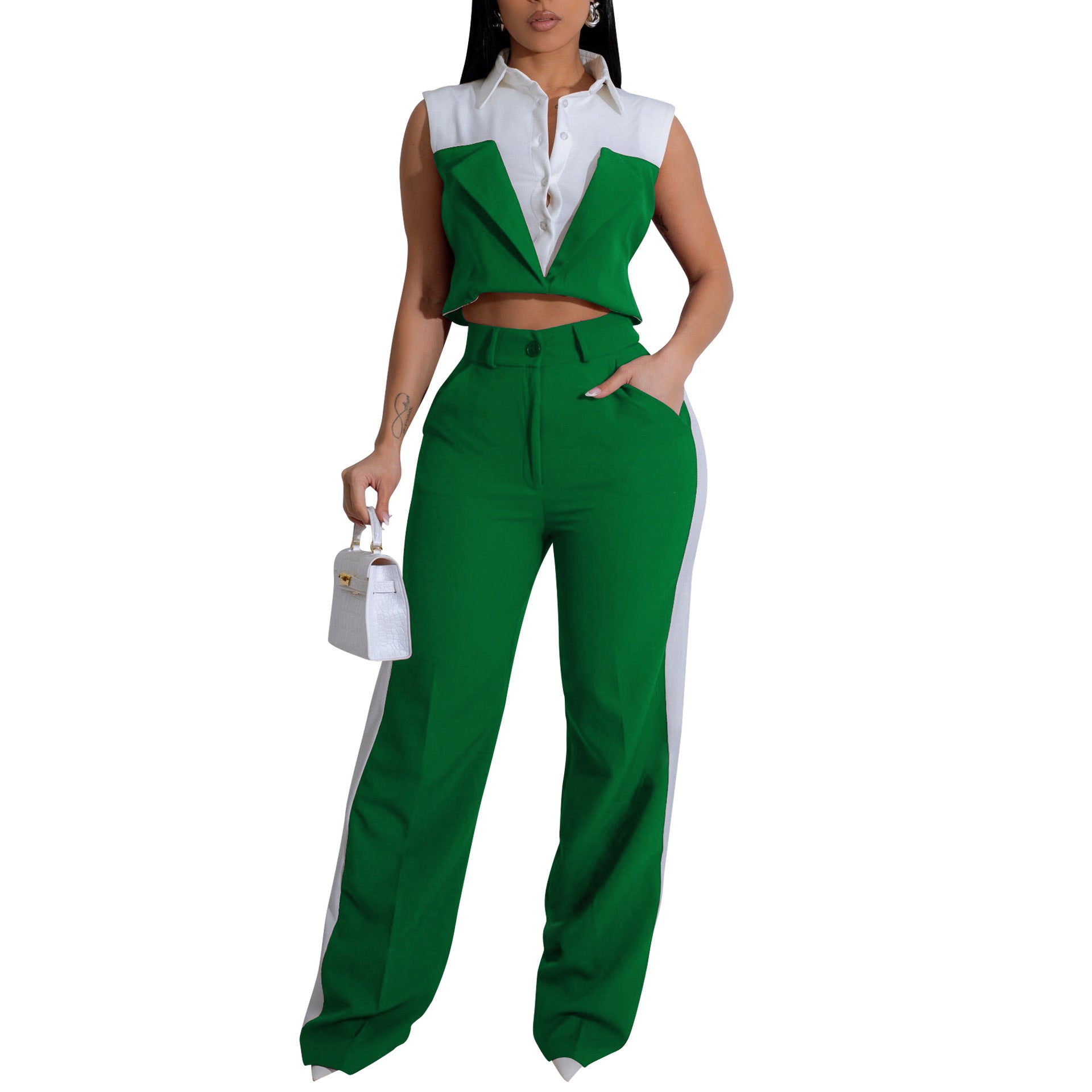 Summer Women's Sleeveless Shirt Pants OL Two-Piece Set 11