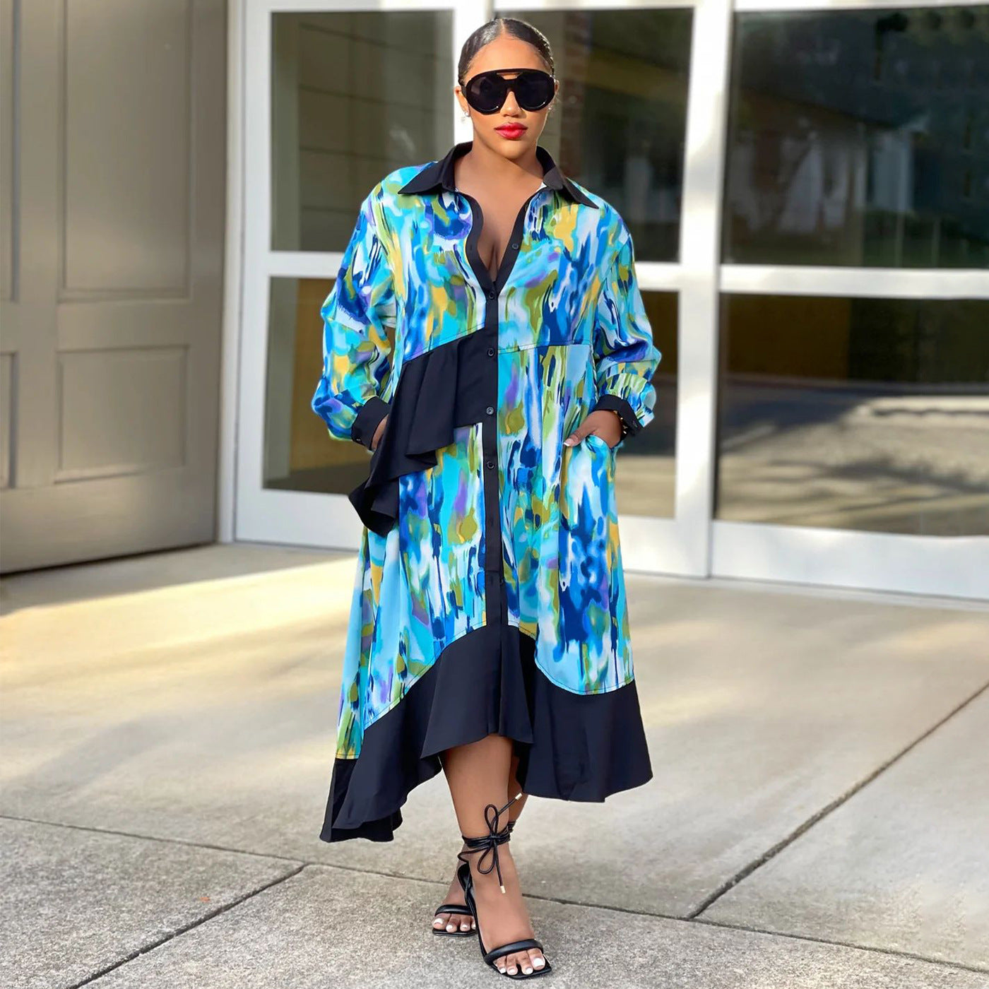 Autumn Print Ruffled Patchwork Irregular Loose Casual Plus Size Shirt Dress 3