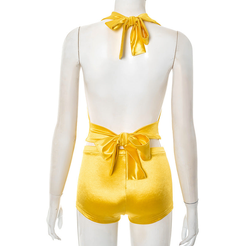 Women Sexy Halter Neck Swinging Neck Tie-Up Top Shorts Two-Piece Set 14