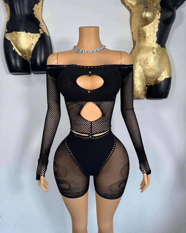 Women Sexy Hollow Off Shoulder Long Sleeve Top and Shorts Set 6