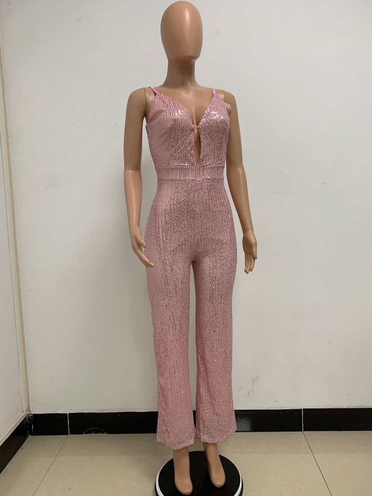 Deep V Neck Low Back Sleeveless Chic Sequined Straps Elegant Women's Party Jumpsuit 64