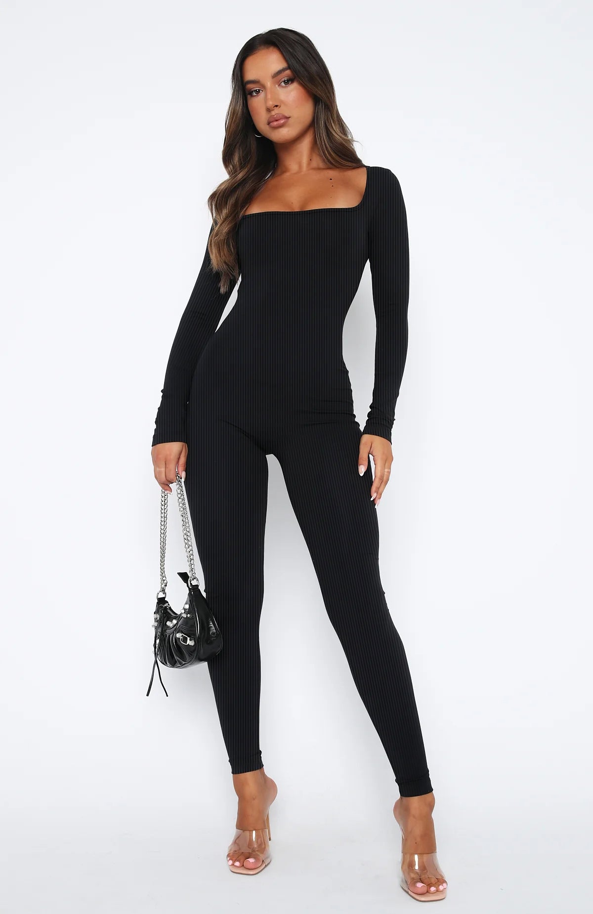Women's Solid Color Long Sleeve Ribbed Square Neck Low Back Butt Lift Slim Athletic Jumpsuit 11
