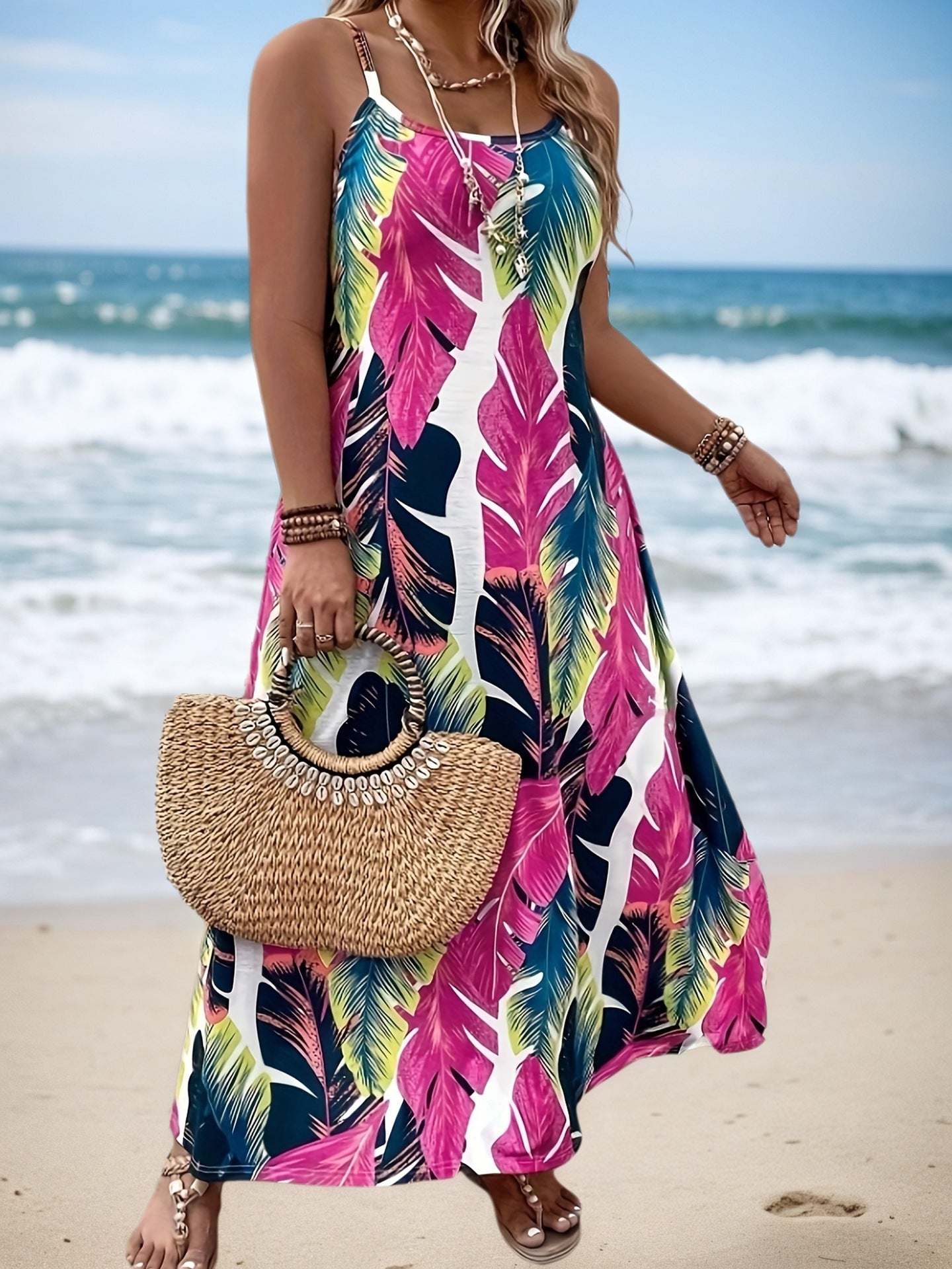 Plus Size Women Printed Casual Holidays Beach Strap Tropical Print Dress 6