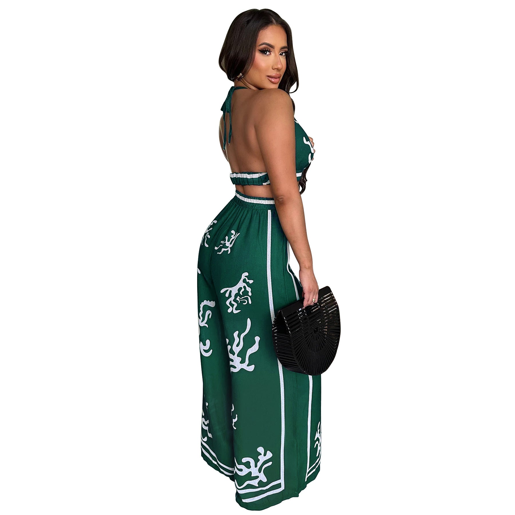 Summer Sexy Print Halter V Neck Vest Wide Leg Pants Two Piece Set 43