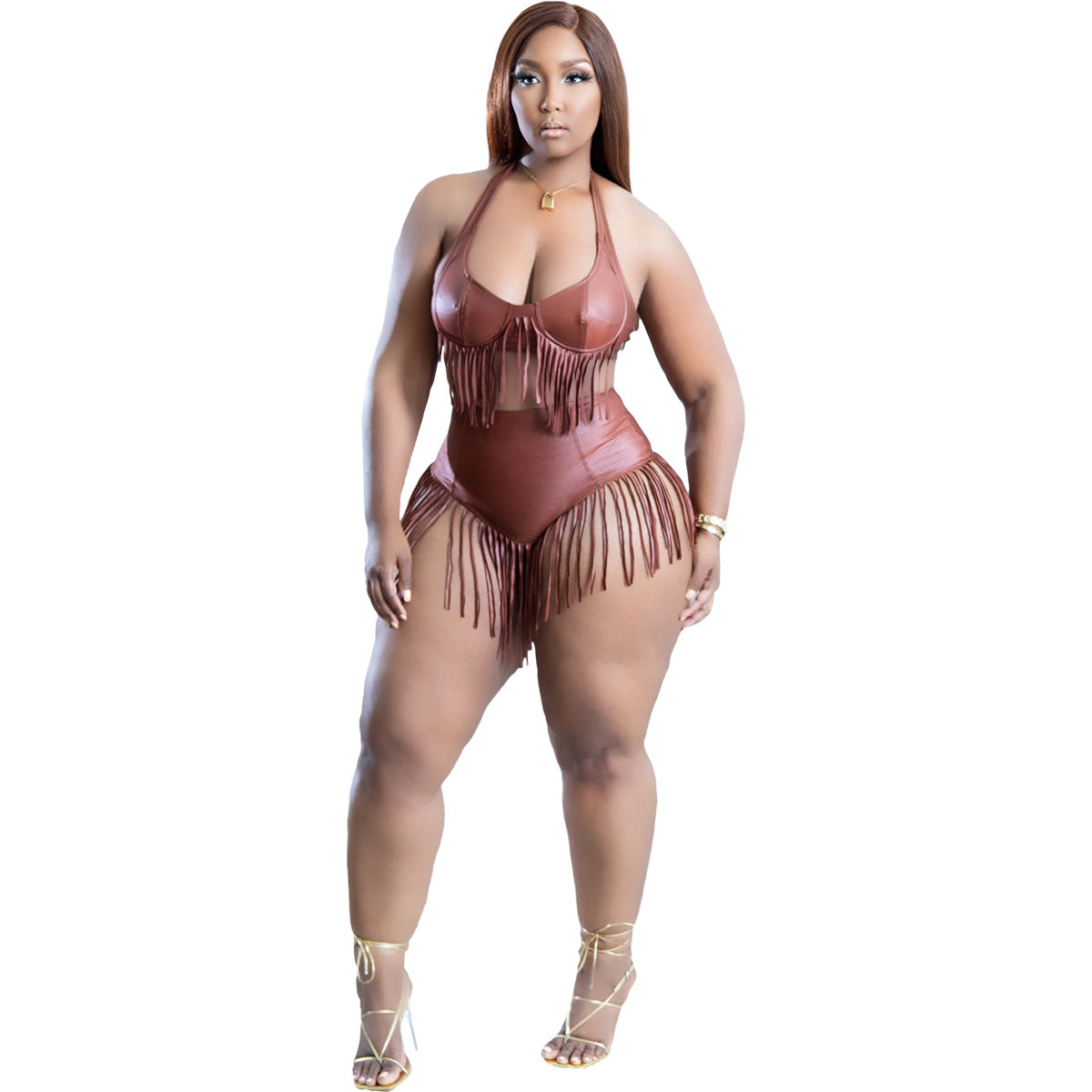 Summer women's fashion sexy nightclub clothes high waist tassel two piece Shorts Set 8