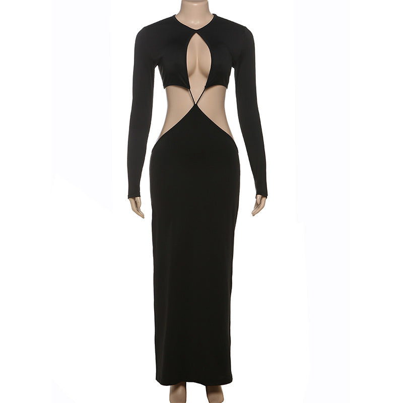 Women sexy hollow long sleeve Open Waist Bodycon Maxi Dress 5