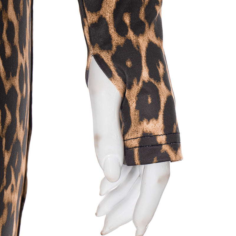 Women's Autumn Winter Leopard Print Off Shoulder Deep V-Neck Finger Sleeve High Waist Pants Set 11