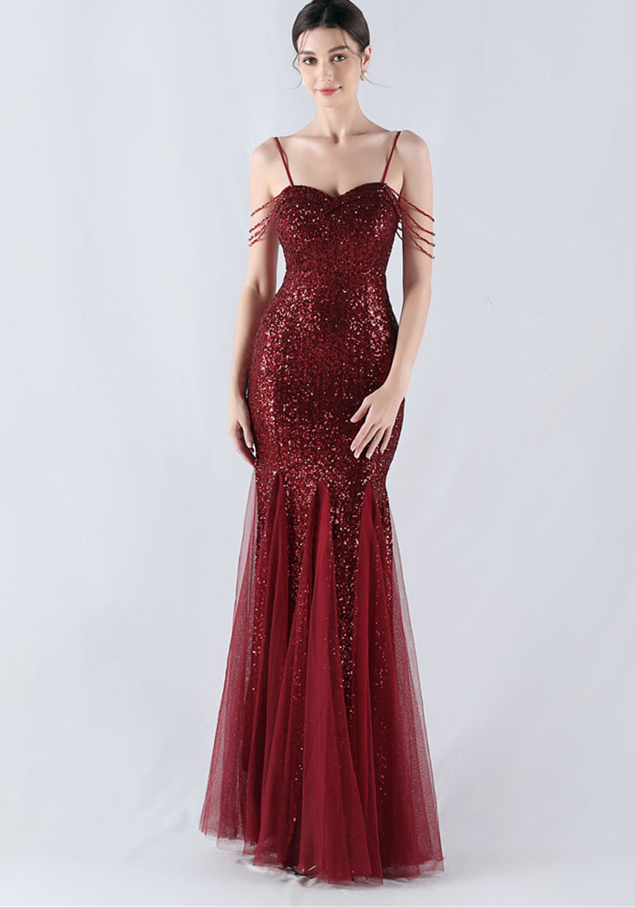 Strap Beading Mesh Sequin Evening Dress