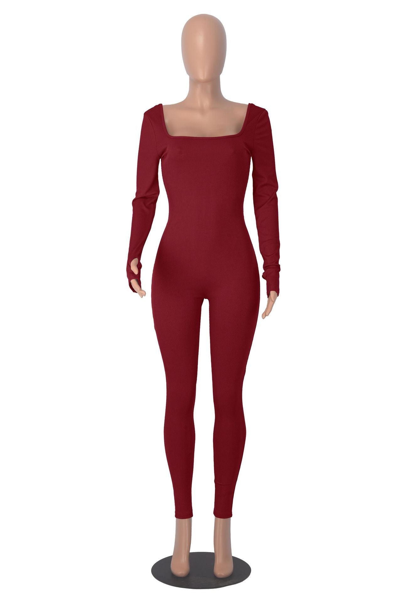 Women's Solid Color Long Sleeve Ribbed Square Neck Low Back Slim Fit Jumpsuit 27