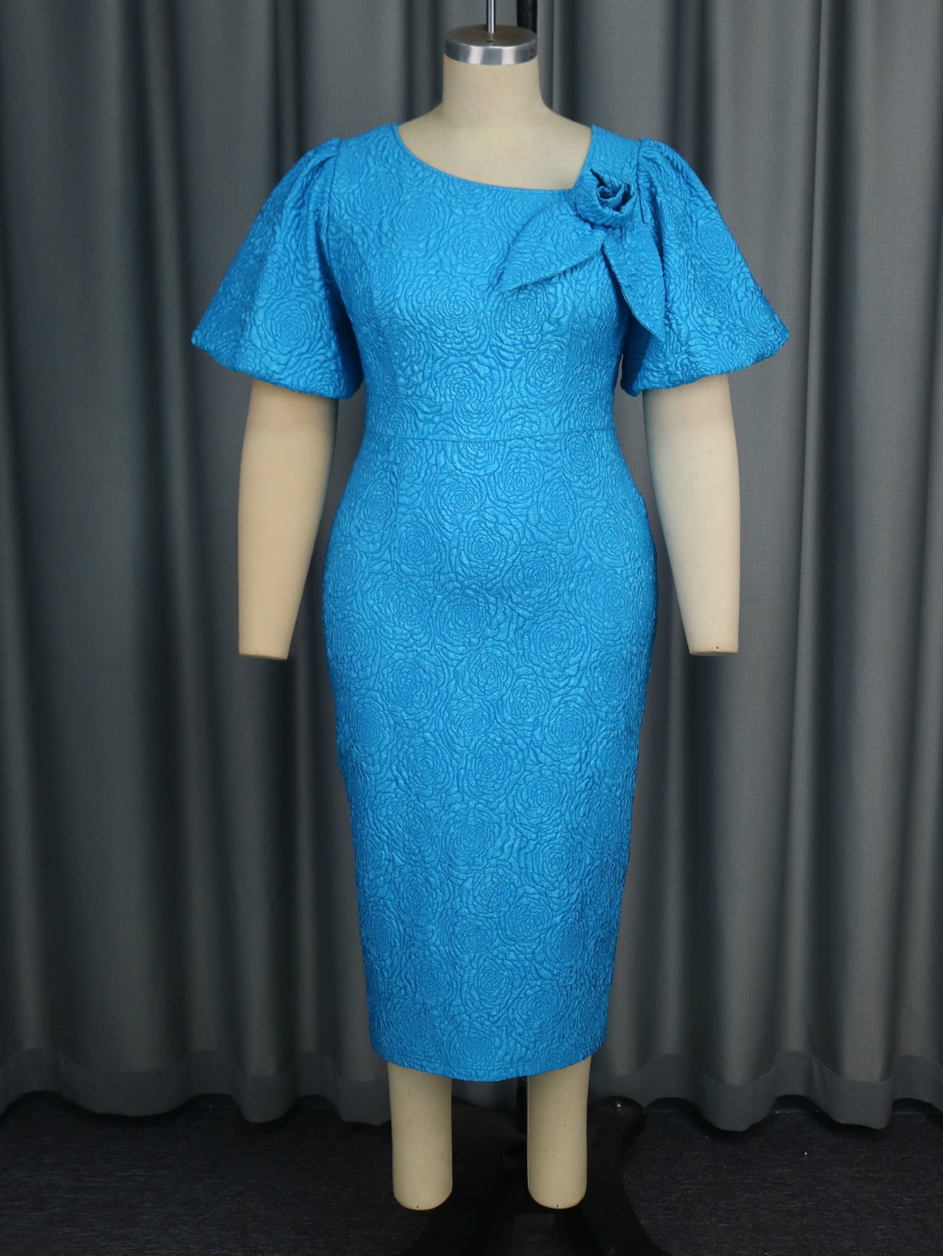 Plus Size Asymmetrical Puff Sleeve High Waist Jacquard Formal Dress 10