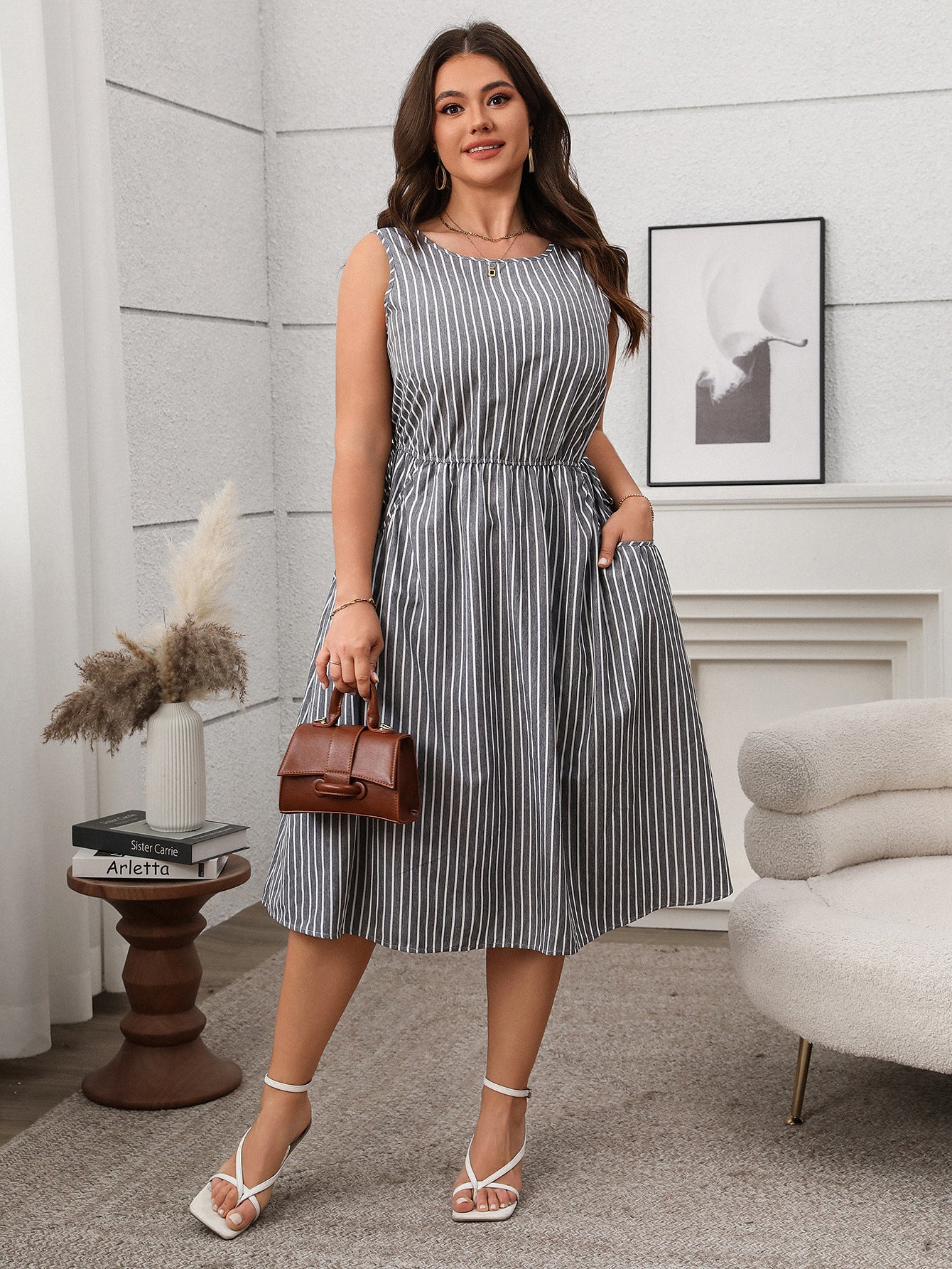 Spring/Summer Women's Plus Size Casual Contrast Stripe Sleeveless Pocket Dress 7