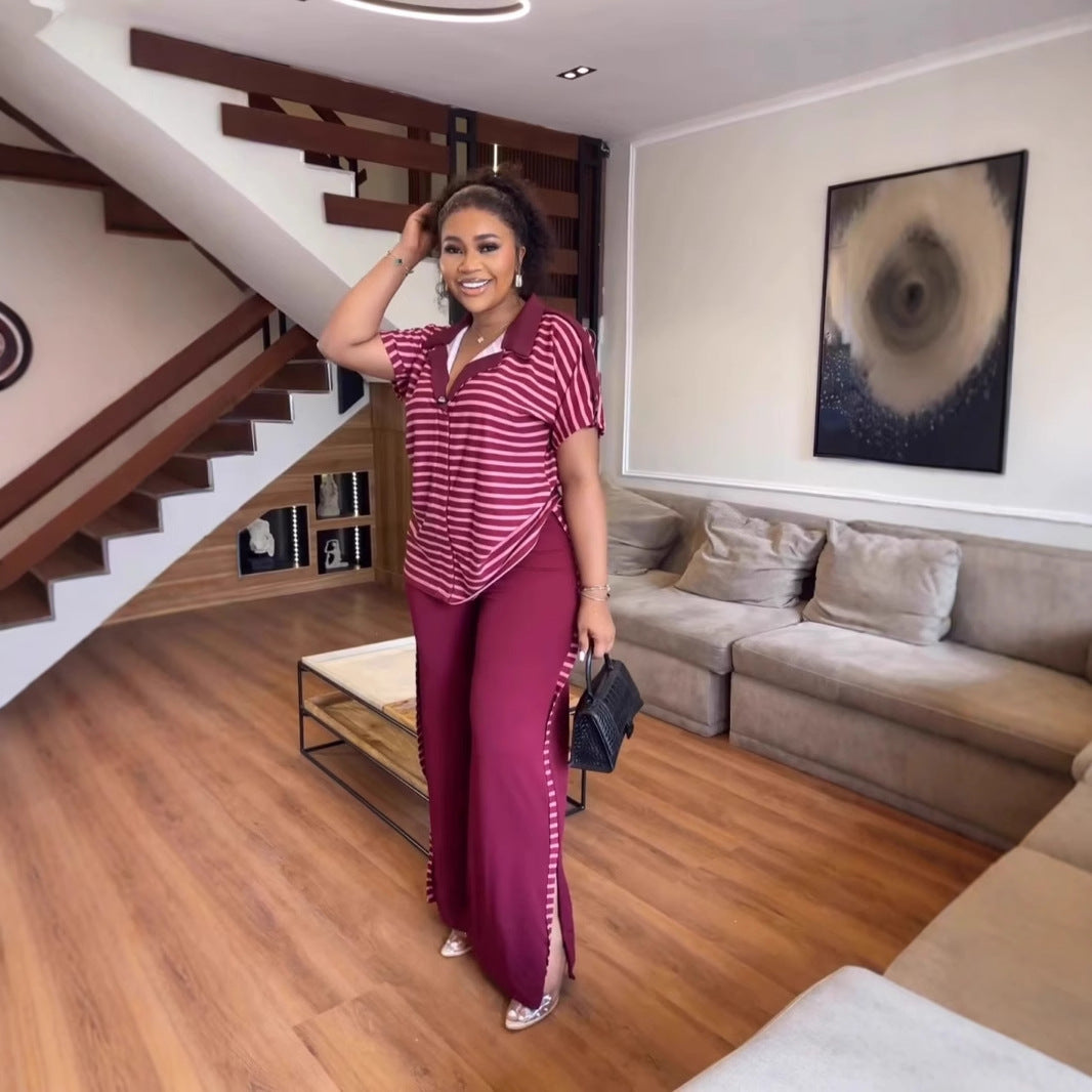 Fashion Casual Summer Short Sleeve Striped Print Two-piece Pants Set 7