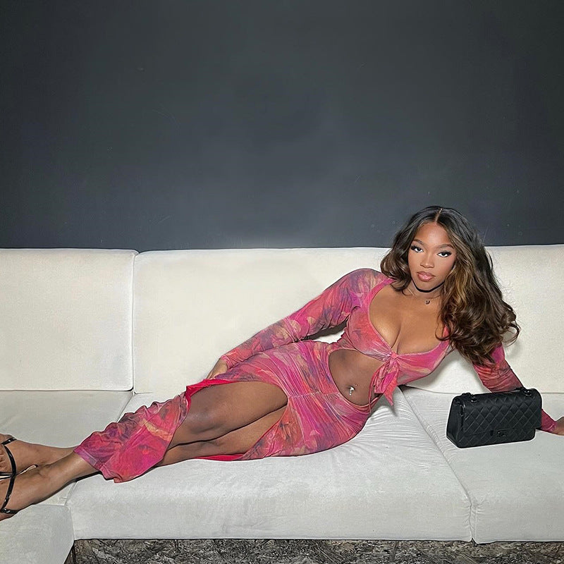 Women's Fashion Printed Sexy Hollow Long Sleeve Split Trendy Dress 3