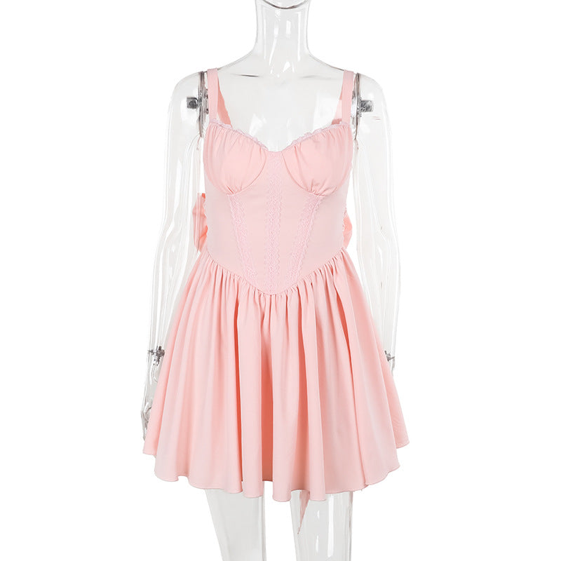 Women Lace Patchwork Suspender Bow Dress 11