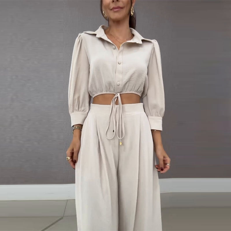 Chic Style Fashion Drawstring Short Shirt Wide-Leg Pants Two Piece Set 5