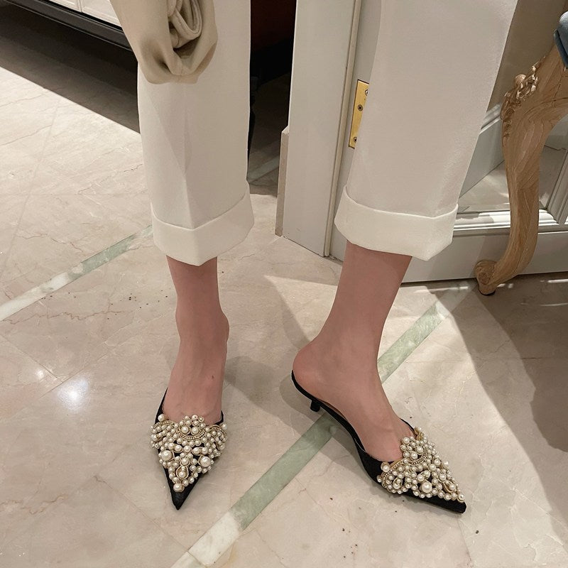 Fashion pointed pearl half drag stiletto sandals women's shoes mid-heel slippers 6