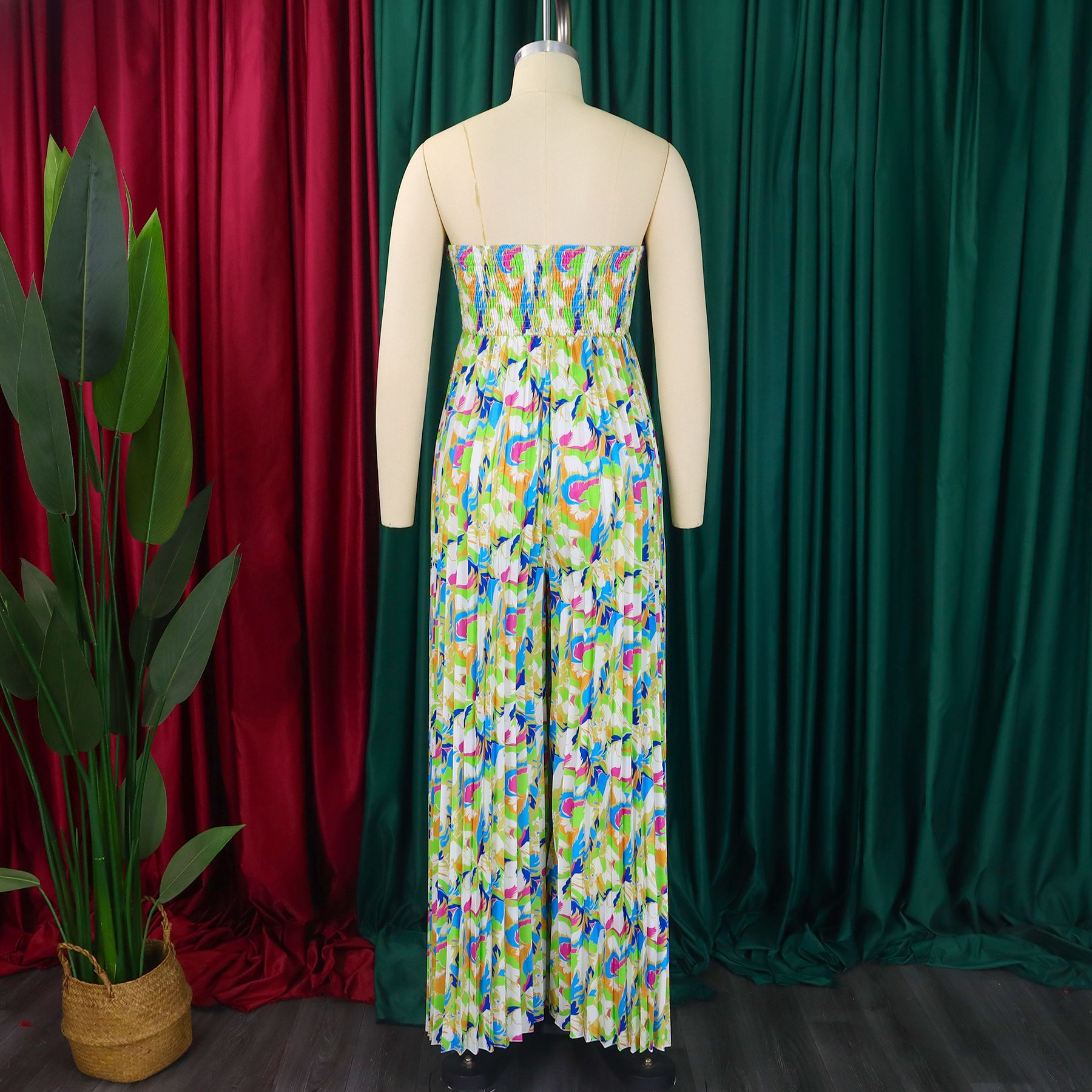 Women summer sexy printed chest-wrapped off-shoulder pleated wide-leg Jumpsuit 5