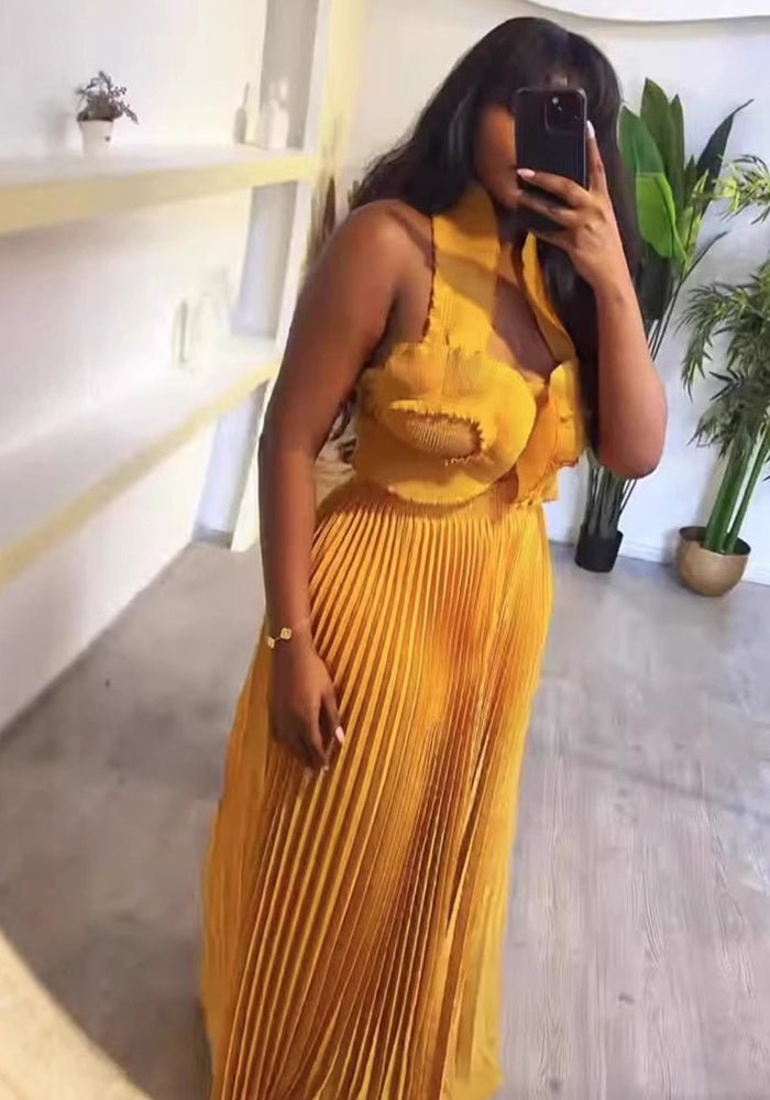 African Pleated Sexy Strap Top Pleated Wide-Leg Pants Two-Piece Set