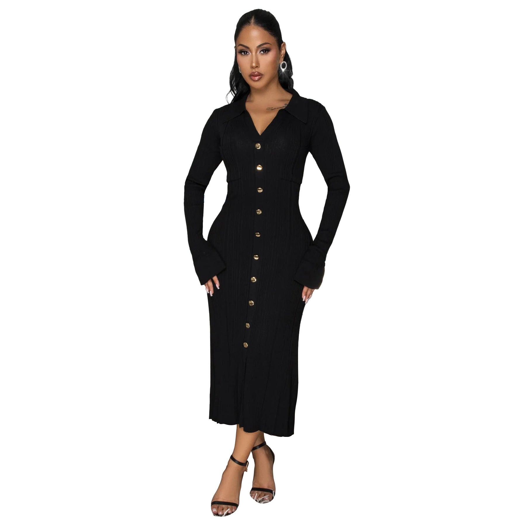 Women's Fashion V-Neck Single Row Buttons Long Sleeve Solid Long Dress 26