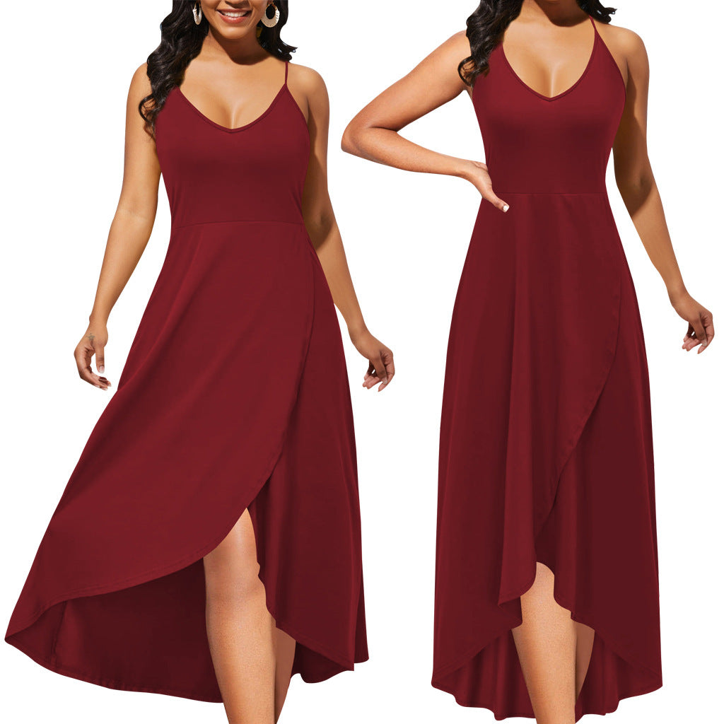 Women sexy solid color v-neck suspenders slit dress 6