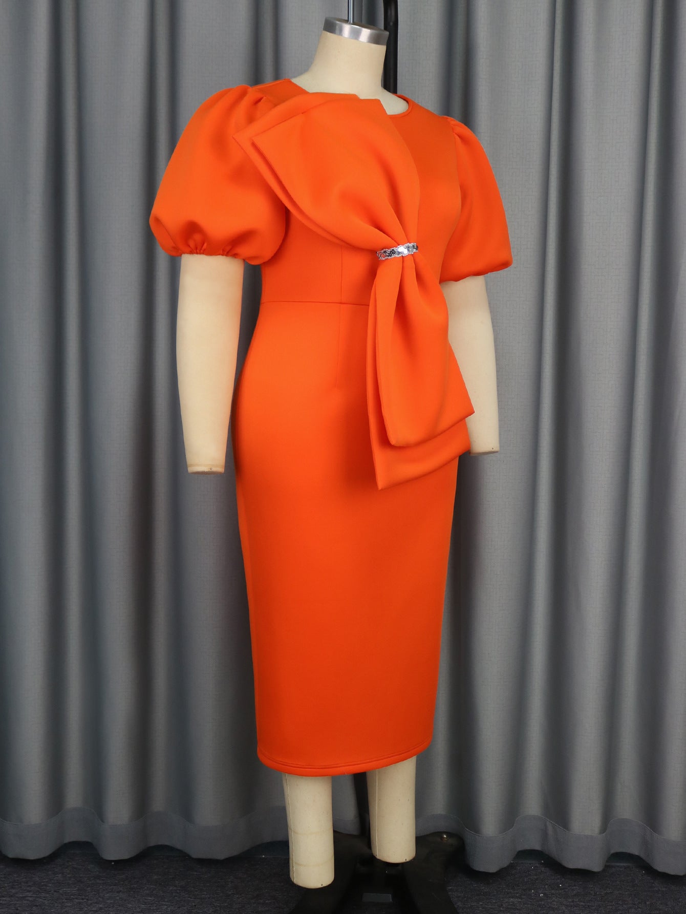 Elegant Puff Sleeve Round Neck Dress Bow Accent High Waist Party Gown 4