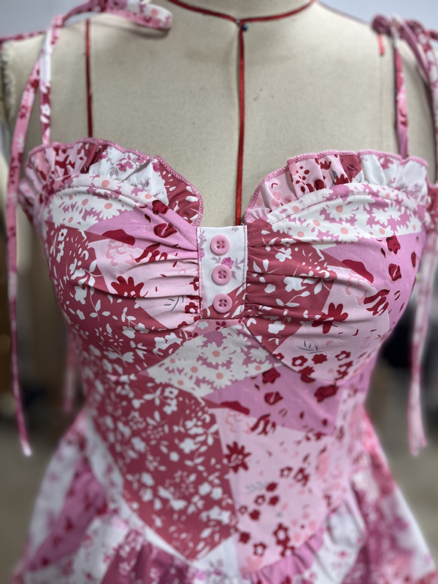 Women floral suspenders Cascading Ruffles Dress 3