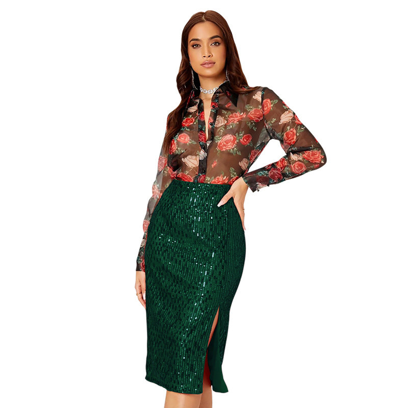 Women Slit Bodycon Sequined Skirt 7