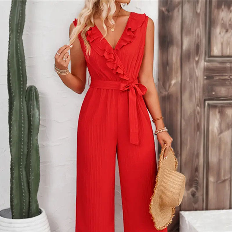 Women's Ruffled Straight Wide Leg Belt Sleeveless Casual Jumpsuit 4