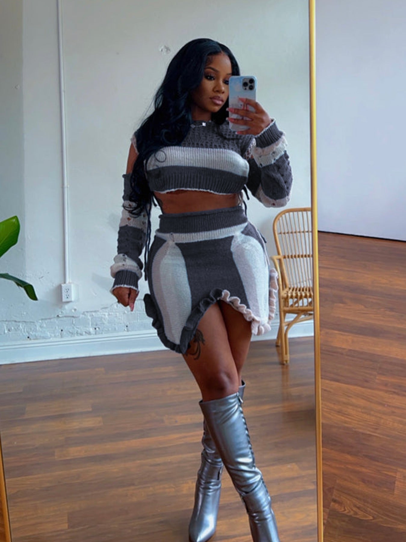 Women's Summer Hollow Ruffled Irregular Contrast Color Long Sleeve Top Short Skirt Set