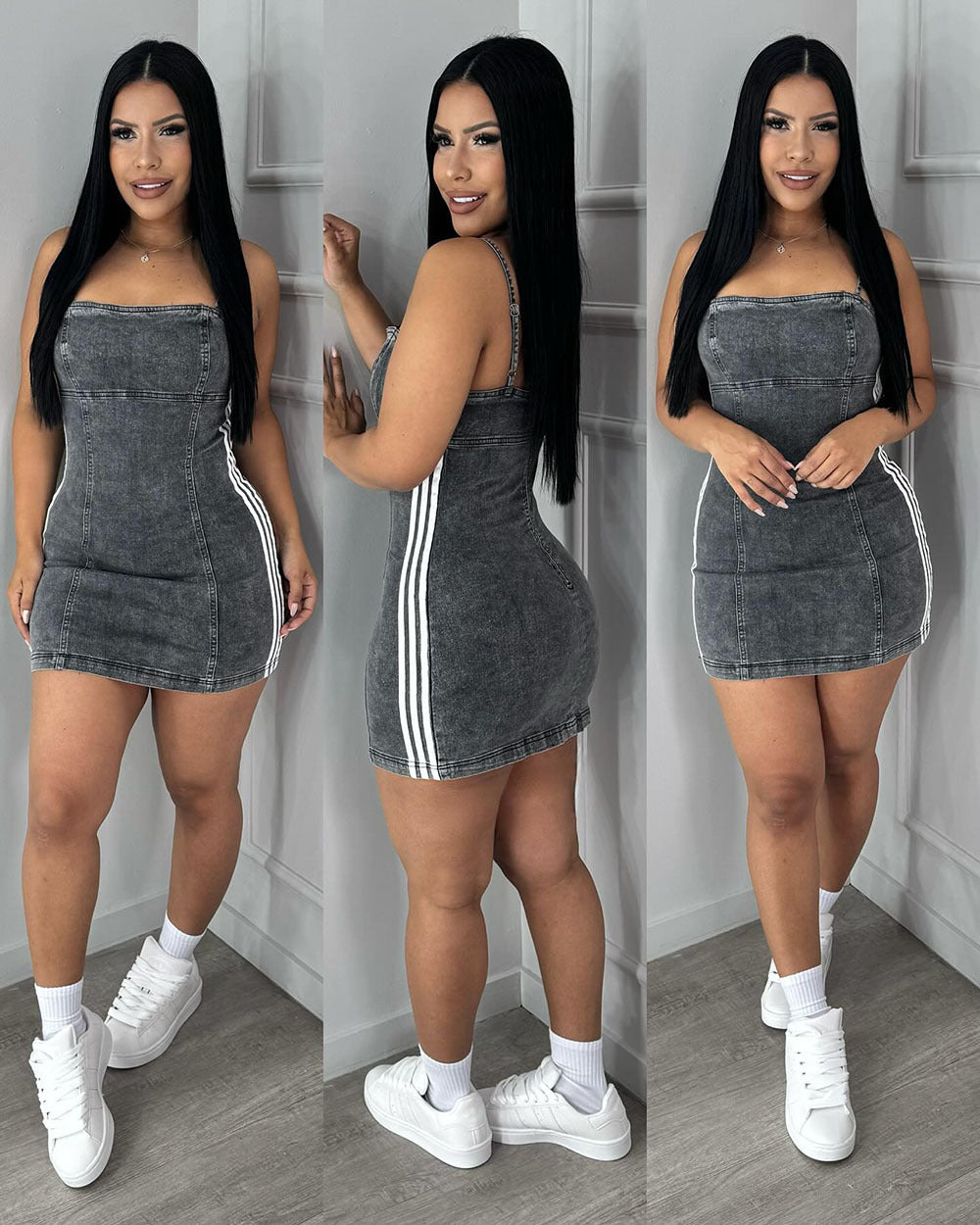 Women's Autumn Casual Patchwork Strappy Mini Denim Dress