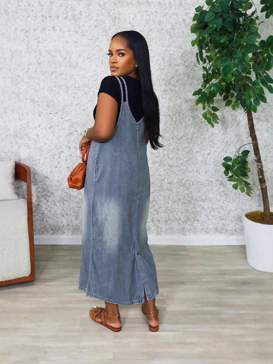 Women Retro Denim Strap Dress 3