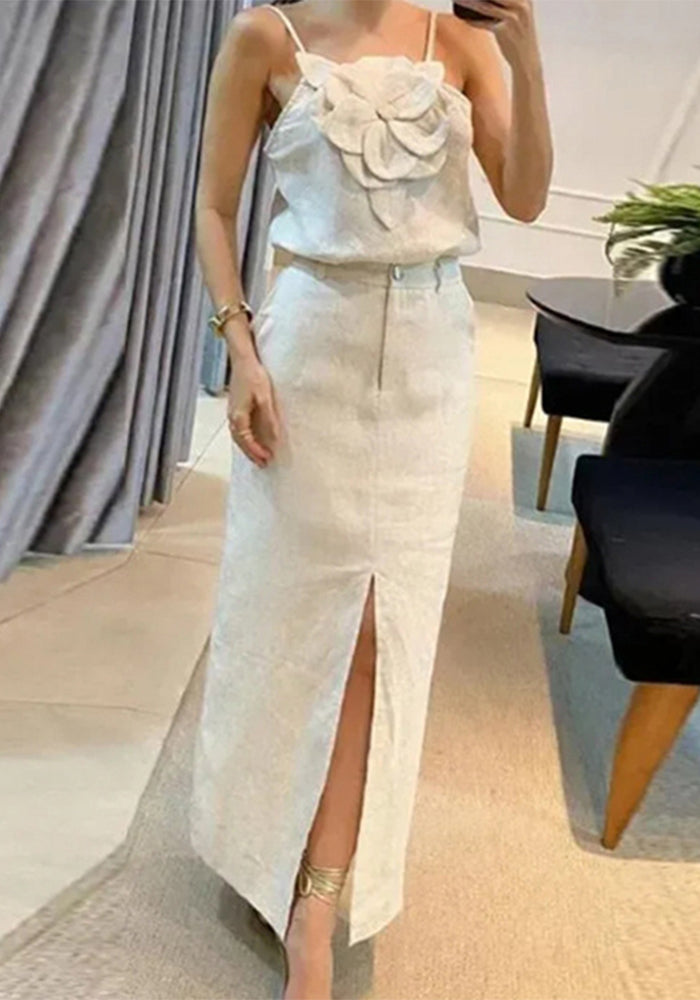 Women's Floral Strappy Top & Skirt Chic Linen Set
