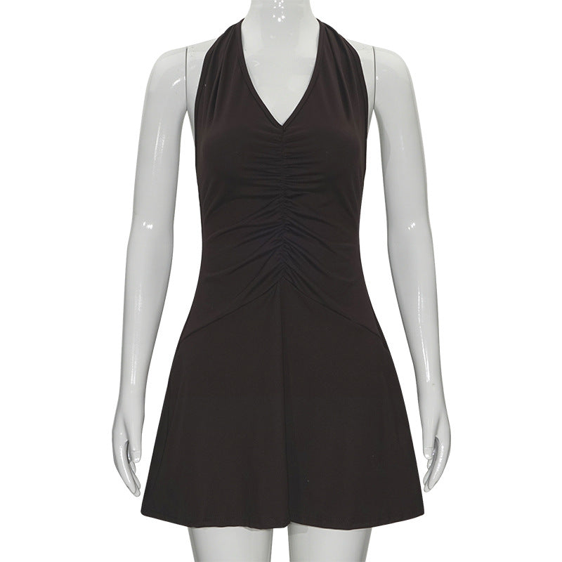 Summer Solid Color Sleeveless V-Neck Halter Neck Lace Short Slim Dress 7