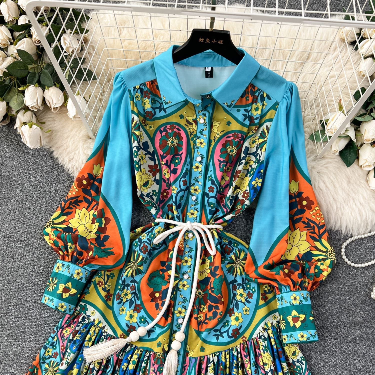 Women French retro print color matching shirt dress 10