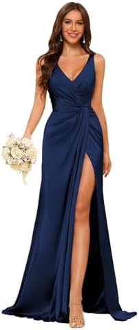 Women's Strap V-Neck Bridesmaid Dress Sleeveless Satin High Slit Prom Dress（Processing time need 3-6 days） 20