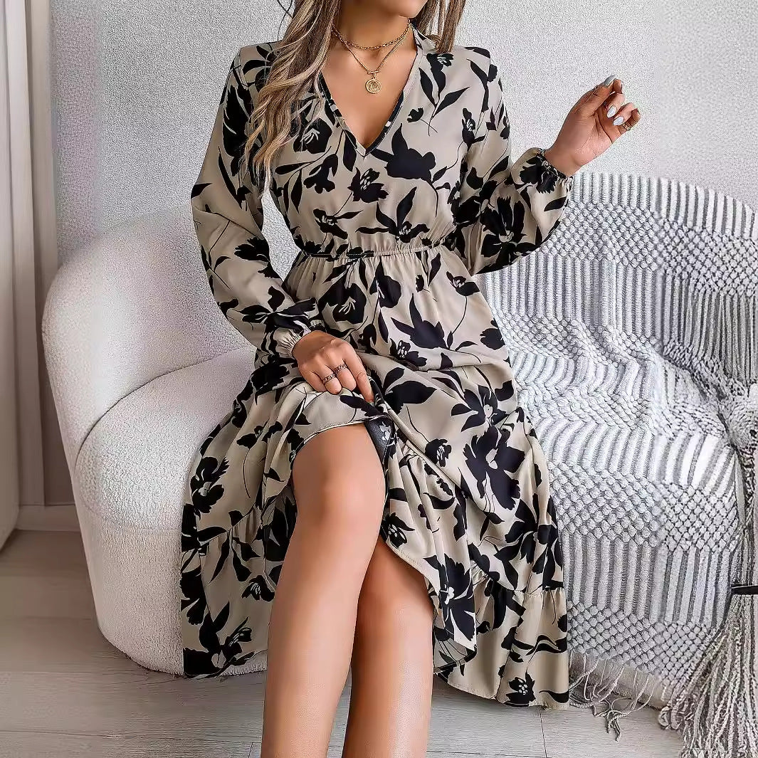 Autumn Winter Casual Flower Slim Waist Long Sleeve Women's Ruffle Midi Dress 5