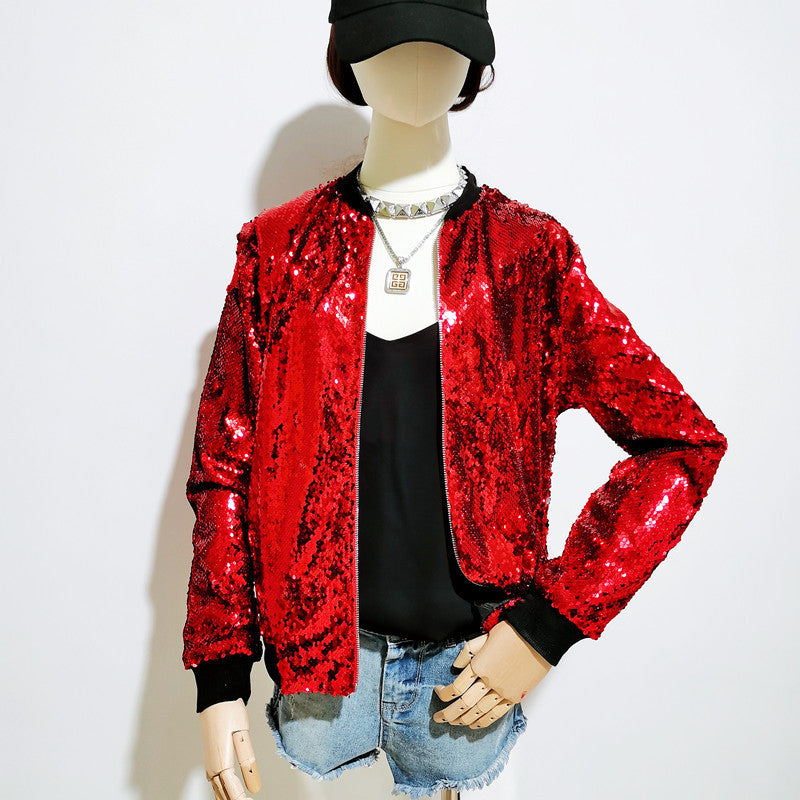 Casual Women's Fall Outer Coat Plus Size Loose Sequin Baseball Jacket 16