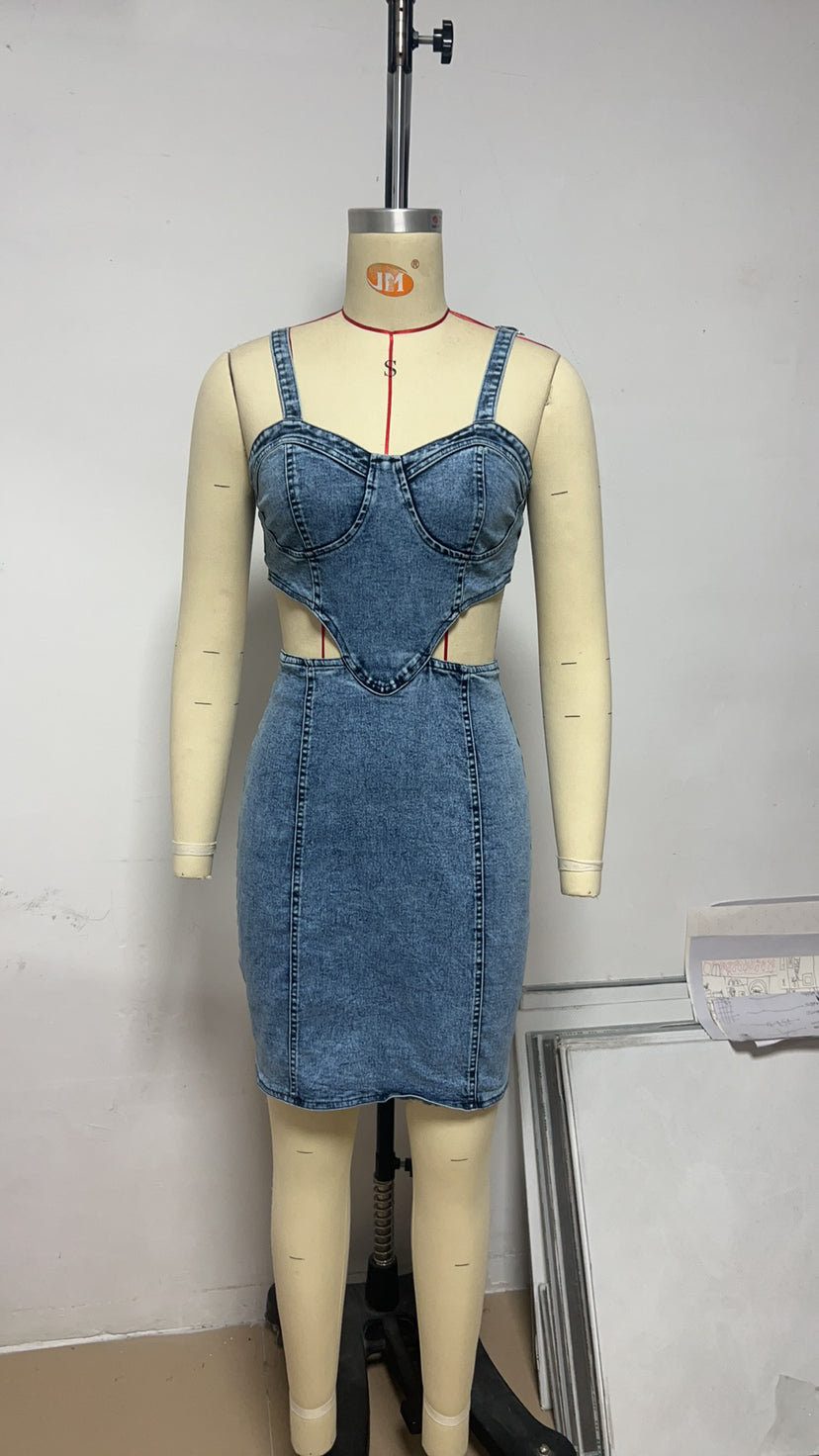 Summer Women's Fashion Sexy Strap Low Back Denim Dress 9