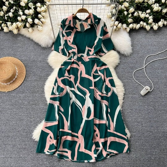 Chic Short-Sleeve Summer Holiday Slim Waist Print Dress 19