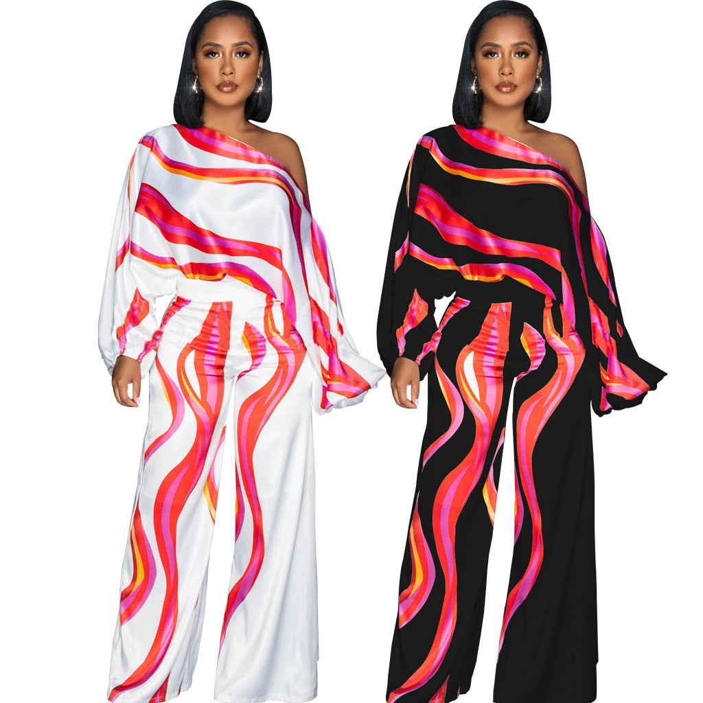 Sexy Fashion Print Slash Shoulder Long Sleeve Women's Wide Leg Jumpsuit