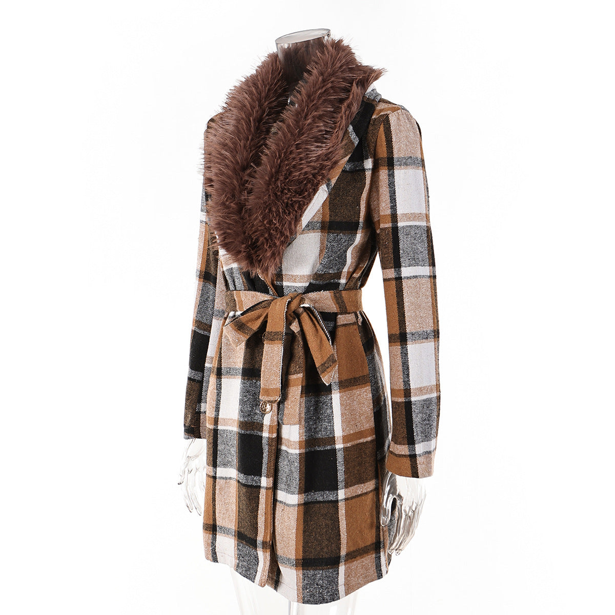 Women Contrast Plaid Patchwork fleece Turndown Collar Loose belt Slim Waist Chic Long Coat 8