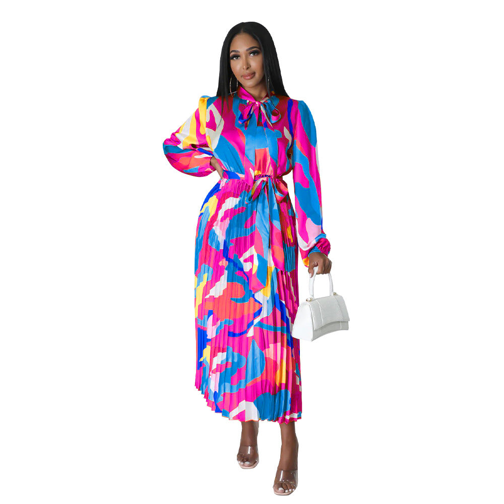 Women's Tie Long Sleeve Printed Pleated Dress 19